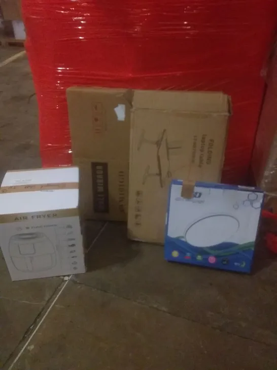 PALLET OF ASSORTED ITEMS INCLUDING AIR FRYER, WALL MIRROR, FOLDIJG LAPTOP TABLE, LED CEILING LIGHT