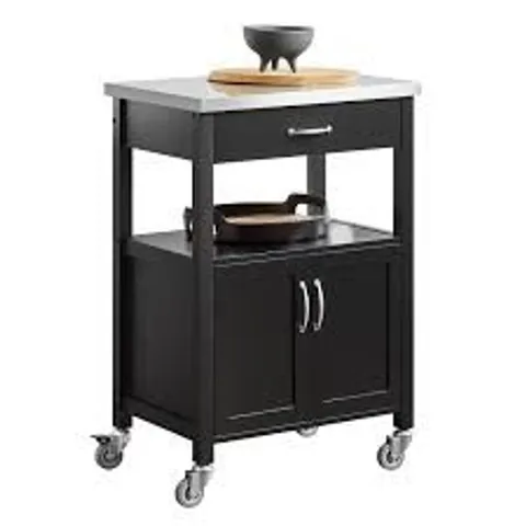 BOXED SOBUY KITCHEN TROLLEY CART STORAGE TROLLEY SERVING TROLLEY KITCHEN CABINET WITH STAINLESS STEEL WORKTOP - BLACK (1 BOX)