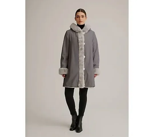 NUAGE FAUX FUR REVERSIBLE LONG HOODED COAT CHARCOAL/SILVER XS