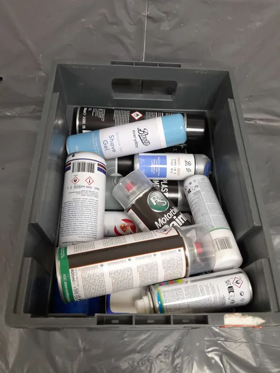 APPROXIMATELY 12 ASSORTED AEROSOLS TO INCLUDE , MOTORBIKE PAINT , BOOTS SHAVE GEL , GREY PLASTIC PRIMER , ETC 