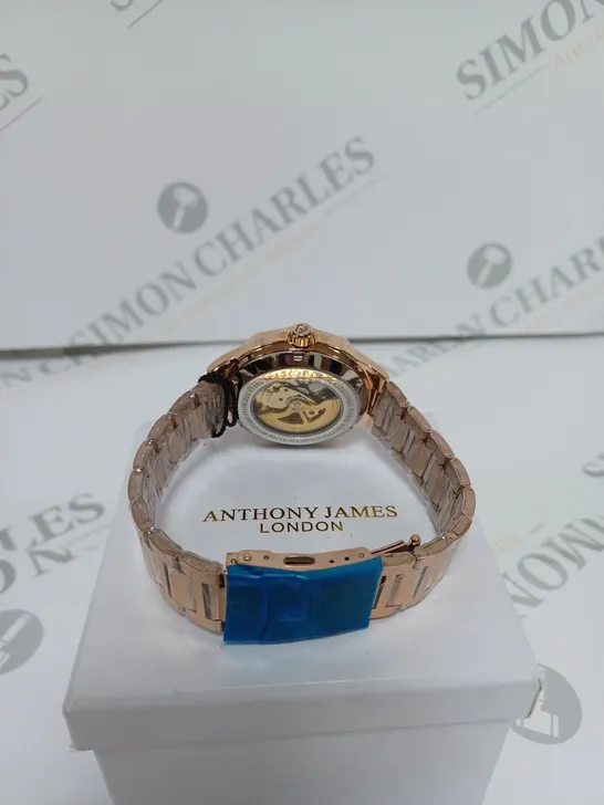 BOXED ANTHONY JAMES GENTS SPORTS SKELETON WATCH WITH STAINLESS STEEL BRACELET WATER RESISTANT