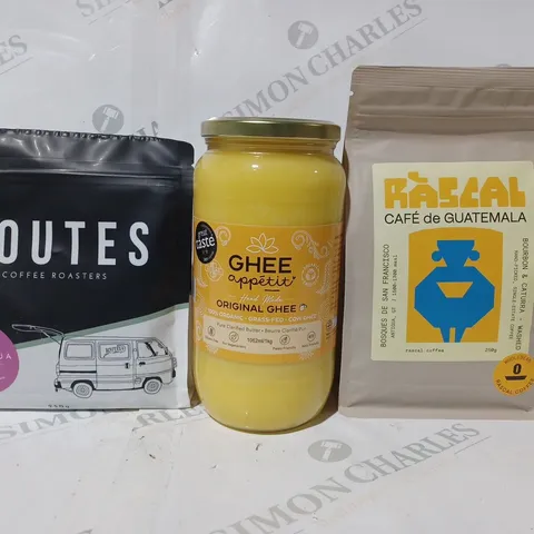 APPROXIMATELY 10 ASSORTED FOOD & DRINK ITEMS TO INCLUDE ROUTES COFFEE, GHEE, ETC