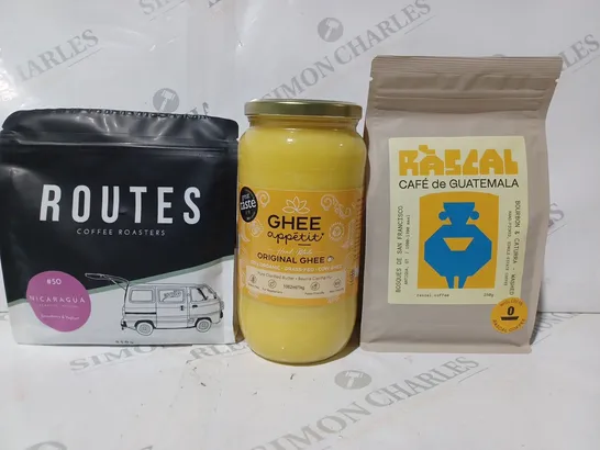 APPROXIMATELY 10 ASSORTED FOOD & DRINK ITEMS TO INCLUDE ROUTES COFFEE, GHEE, ETC