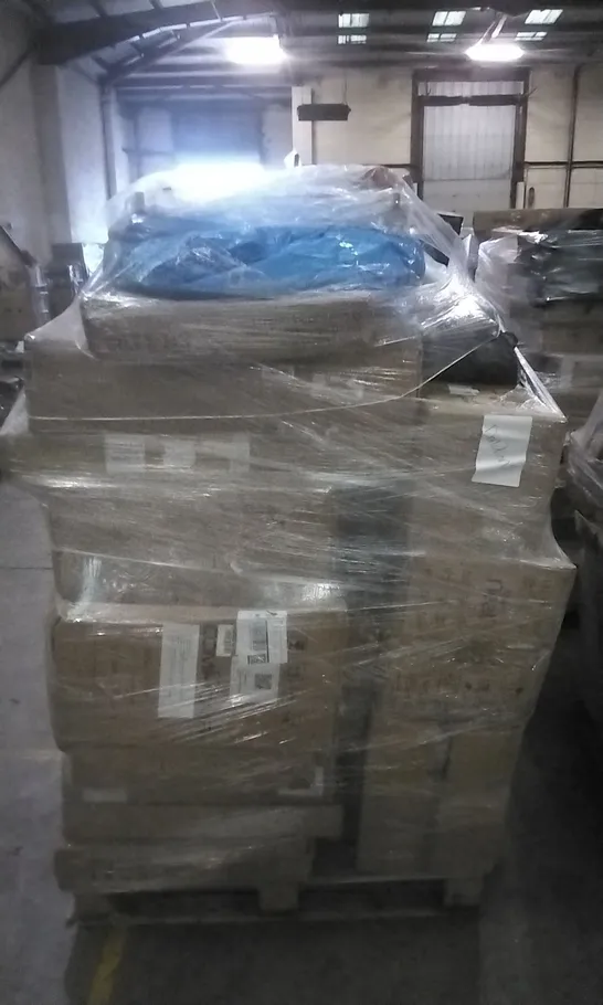 PALLET OF ASSORTED ITEMS INCLUDING STEEL LADDER, COMHOMA OFFICE CHAIR, CURVED SHOWER CURTAIN ROD, REIGA CEILING FAN