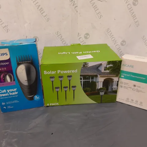 APPROXIMATELY 10 ASSORTED BOXED ELECTRICAL ITEMS TO INCLUDE PHILIPS HAIR CLIPPER, GARDEN SOLAR POWERED 6 PACK OF LIGHTS, AICARE INFRARED THERMOMETER, ETC