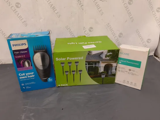 APPROXIMATELY 10 ASSORTED BOXED ELECTRICAL ITEMS TO INCLUDE PHILIPS HAIR CLIPPER, GARDEN SOLAR POWERED 6 PACK OF LIGHTS, AICARE INFRARED THERMOMETER, ETC