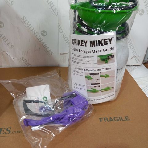 BOX OF CRIKEY MIKEY CLEANING FLUID WITH 3 LITRE SPRAY BOTTLE, HOSE & NOZZLE, AND PROTECTIVE GLOVES AND EYEWEAR