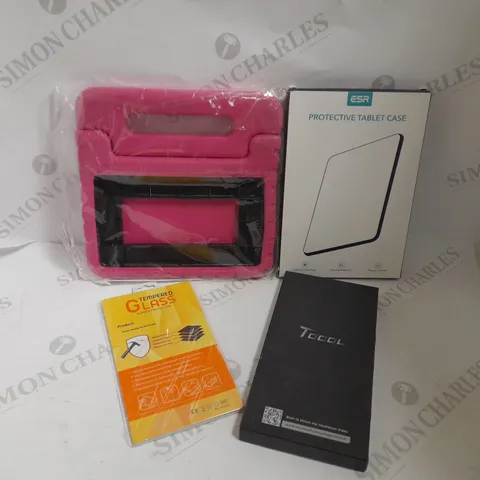 BOX OF APPROX 10 ITEMS TO INCLUDE PINK TABLET CASE, MOBILE PHONE SCREEN PROTECTORS, ASSORTED CABLES