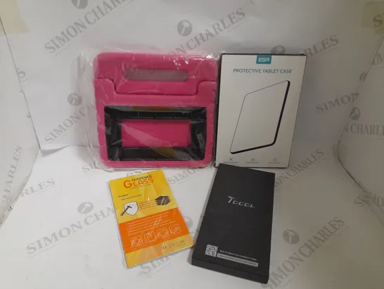 BOX OF APPROX 10 ITEMS TO INCLUDE PINK TABLET CASE, MOBILE PHONE SCREEN PROTECTORS, ASSORTED CABLES