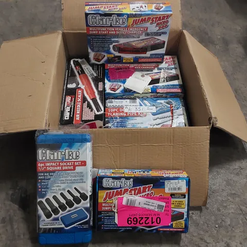 BOX OF ASSORTED CLARKE TOOLS TO INCLUDE: EMERGENCY JUMP STARTS, FLARING PIPE KIT, AIR NEEDLE SCALER, IMPACT SOCKET SET ECT