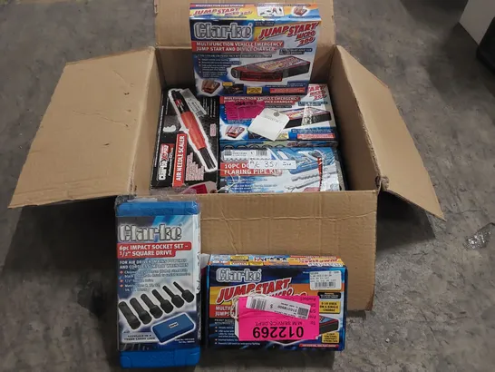 BOX OF ASSORTED CLARKE TOOLS TO INCLUDE: EMERGENCY JUMP STARTS, FLARING PIPE KIT, AIR NEEDLE SCALER, IMPACT SOCKET SET ECT