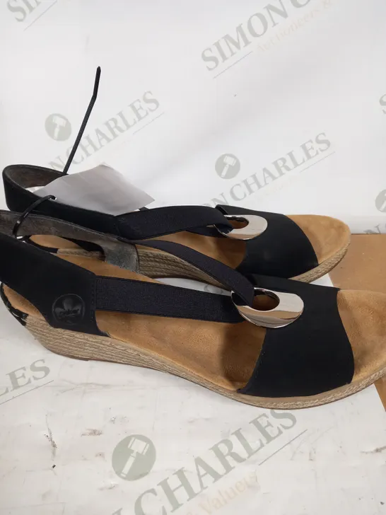 PAIR OF RIEKER BLACK/NATURAL OPEN TOE WEDGES - SIZE 5