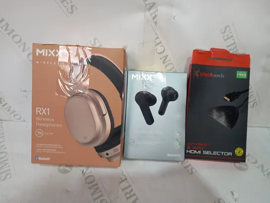 LOT OF APPROXIMATELY 20 ASSORTED HOUSEHOLD ITEMS TO INCLUDE MIXX RX1 WIRELESS HEADPHONES, MIXX STREAMBUDS MINI TRUE WIRELESS EARBUDS, BLACKWEB 3-WAY HDMI SELECTOR, ETC