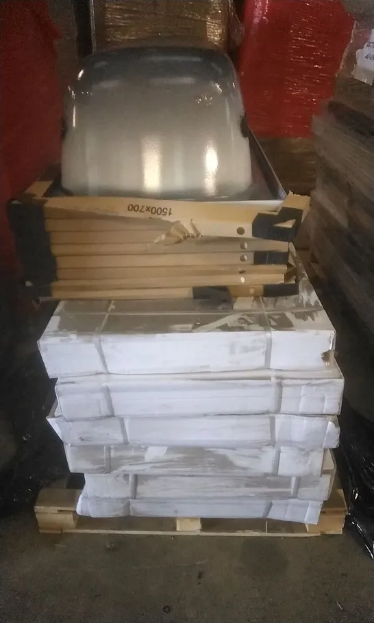 PALLET OF APPROX 14 BATHROOM ITEMS TO INCLUDE 6 TRINITY PREMIUM 1200X900MM SHOWER SCREENS AND 8 1500X700MM STEEL BATHTUBS