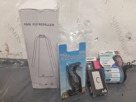 APPROXIMATELY 12 ASSORTED HOUSEHOLD ITEMS TO INCLUDE FAN FLY REPELLER, BYRON WIRED BELL PUSH, HEAD NET, ETC