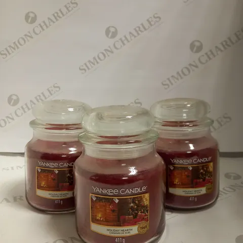 LOT OF 3 YANKEE CANDLE MEDIUM JAR HOLIDAY HEARTH - 411G