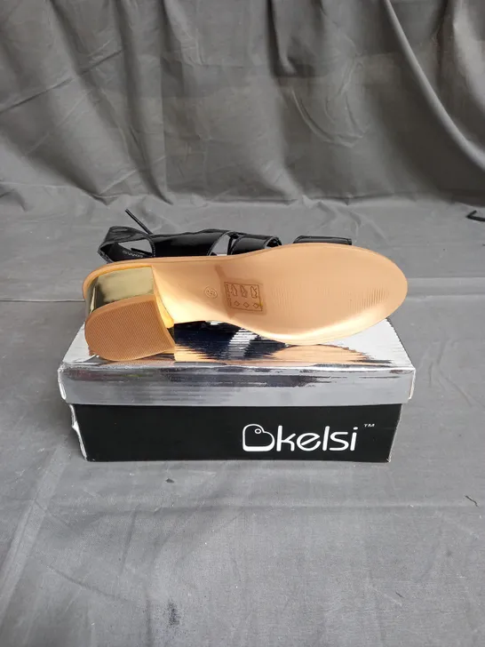 BOX OF APPROXIMATELY 12 PAIRS OF KELSI STRAP HEELED SANDALS IN BLACK  - VARIOUS SIZES