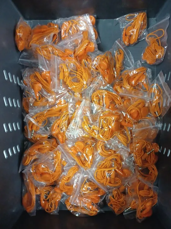 BOX OF APPROXIMATELY 60 UNBRANDED WIRED EARPHONES IN ORANGE 