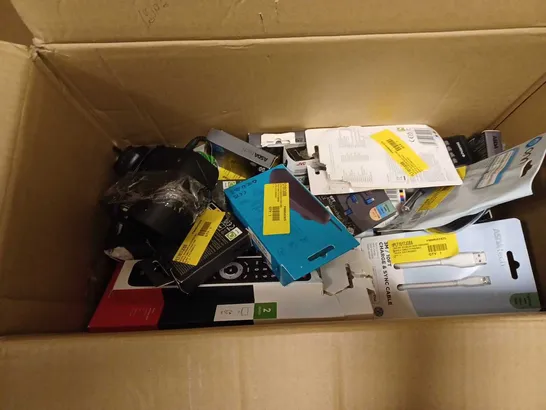 BOX OF APPROXIMATELY 60 ASSORTED ELECTRICALS TO INCLUDE ONN WIRELESS OPTICAL MOUSE, 10FT CHARGE & SYNCE CABLE, JVC TRUE WIRELESS EARBUDS IN WHITE, ETC