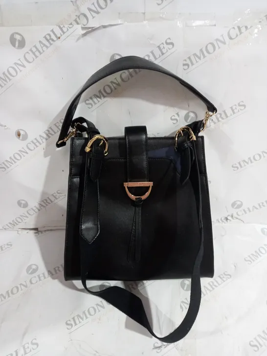 PAUL COSTELLOE DRESSAGE HANDBAG WITH MESSENGER HANDLE BLACK AND GOLD ACCENTS LEATHER 