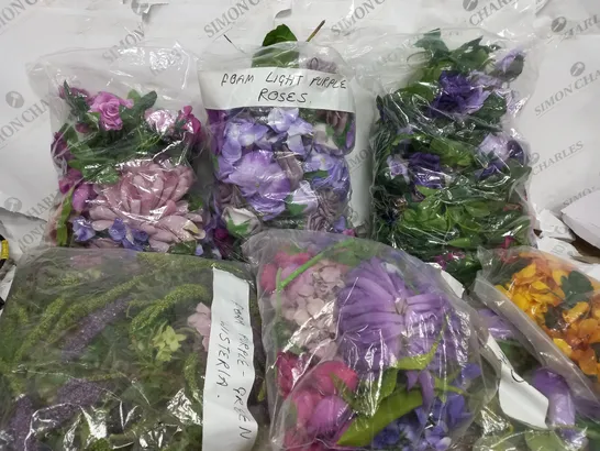 BOX OF APPROXIMATELY 6 PACKS OF FAUX FLOWERS TO INCLUDE LIGHT PURPLE ROSES, GREEN WISTERIA, YELLOW FLOWERS ETC