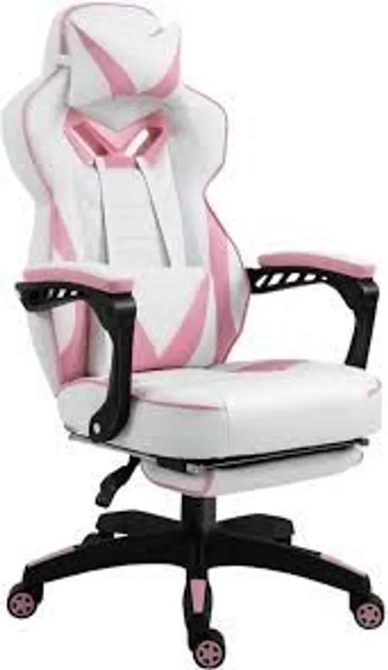 BOXED VINSETTO COMPUTER GAMING CHAIR, RACING DESK CHAIR WITH LUMBAR SUPPORT AND FOOTREST, PU LEATHER GAMER CHAIR WITH HEADREST AND SWIVEL WHEELS FOR HOME, PINK