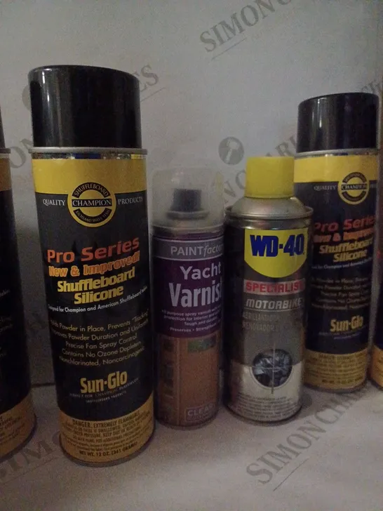 LOT OF HOUSEHOLD ITEMS TO INCLUDE PRO-SERIES SHUFFLEBOARD SILICONE , WD-40 , ETC