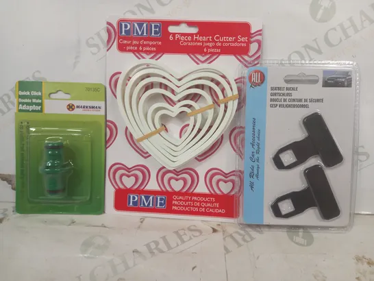 LOT OF APPROXIMATELY 15 ASSORTED HOUSEHOLD ITEMS TO INCLUDE SEATBELT BUCKLE, 6PC HEART CUTTER SET, DOUBLE MALE ADAPTER, ETC