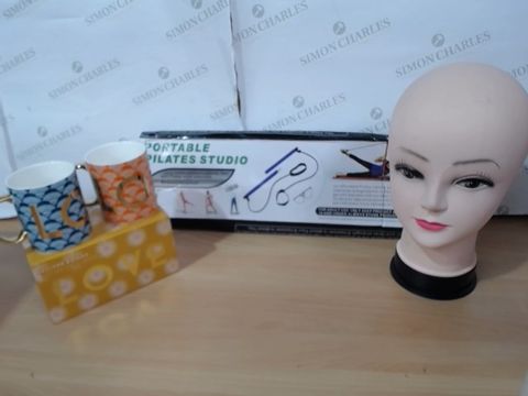 MEDIUM LOT OF ASSORTED HOUSEHOLD ITEMS TO INCLUDE: MANEQUIN HEAD, OLIVER BONAS SET OF TWO MUGS, PORTABLE PILATES STUDIO