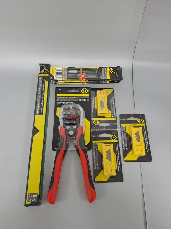 BOX OF ASSORTED CK PRODUCTS TOO INCLUDE WIRE STRIPPER , HEAVY DUTY BLADES AND HACKSAW BLADES 