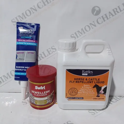 APPROXIMATELY 10 ASSORTED HOUSEHOLD ITEMS TO INCLUDE SWIRL JEWELLERY CLEANER, HORSE & CATTLE FLY REPELLENT LIQUID, MOULD MAGIC EXTREME, ETC - COLLECTION ONLY