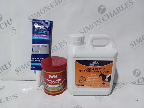 APPROXIMATELY 10 ASSORTED HOUSEHOLD ITEMS TO INCLUDE SWIRL JEWELLERY CLEANER, HORSE & CATTLE FLY REPELLENT LIQUID, MOULD MAGIC EXTREME, ETC - COLLECTION ONLY