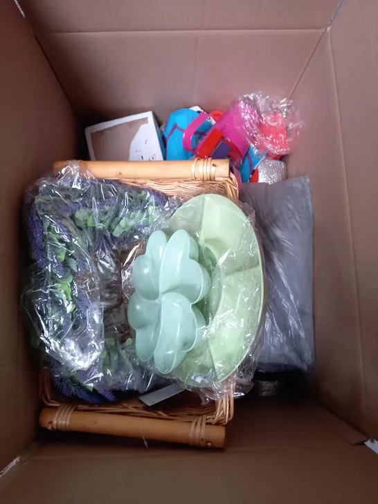 BOX OF APROXIMATELY 12 ASSORTED HOUSEHOLD ITEMS TO INCLUDE BLANKETS , LED DOWNLIGHTS , BASKETS , ETC 