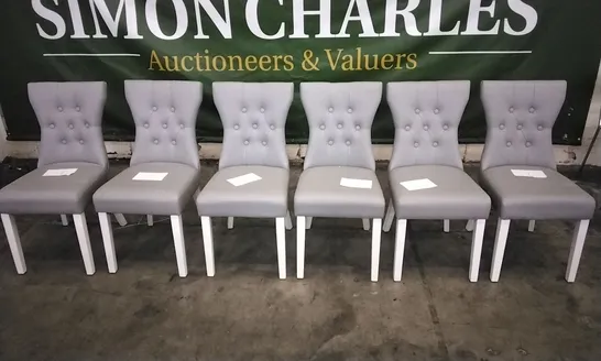 SET OF 6 BEWLEY LIGHT GREY LEATHER BUTTON BACK DINING CHAIRS WITH WHITE LEGS