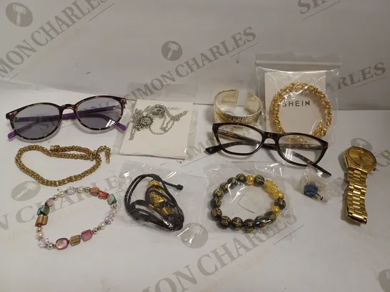 BOX OF APPROX 20 COSTUME JEWELLERY ITEMS INCLUDING GLASSES, WATCH AND BRACELETS