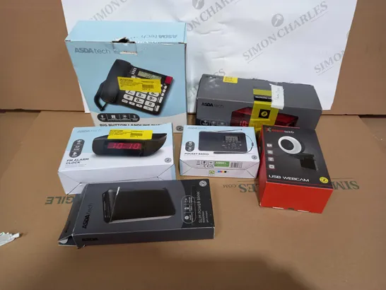 BOX OF APPROXIMATELY 25 ASSORTED ITEMS TO INCLUDE A BIG BUTTON LANDLINE PHONE, A FM ALARM CLOCK, A POWERBANK AND A USB WEBCAM