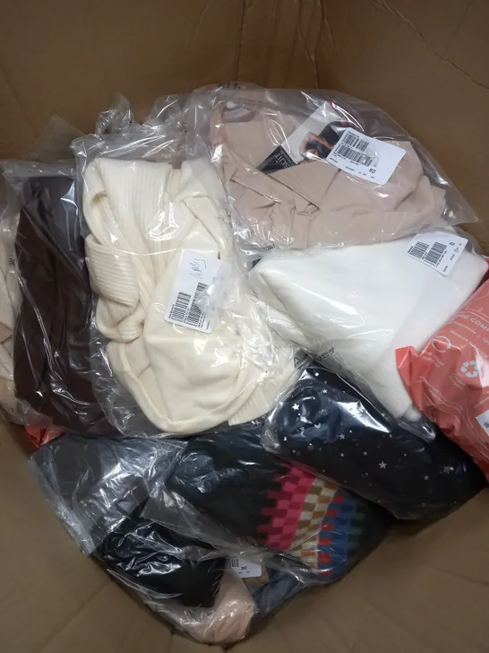 BOX OF ASSORTED CLOTHING ITEMS TOO INCLUDE BAGS , TOPS, AND TROUSERS   ETC. 