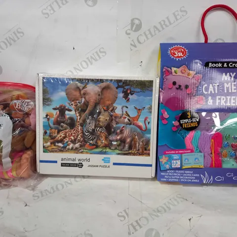 BOX OF APPROXIMATELY 15 ASSORTED TOYS AND GAMES TO INCLUDE KLUTZ JR BOOK & CRAFT KIT, ANIMAL WORLD 1000 PIECE PUZZLE, BAG OF ASSORTED TROLL FIGURES, ETC