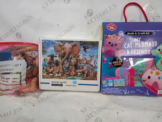 BOX OF APPROXIMATELY 15 ASSORTED TOYS AND GAMES TO INCLUDE KLUTZ JR BOOK & CRAFT KIT, ANIMAL WORLD 1000 PIECE PUZZLE, BAG OF ASSORTED TROLL FIGURES, ETC