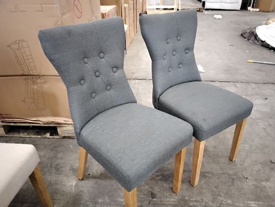 PAIR OF DESIGNER GREY FABRIC UPHOLSTERED DINING CHAIRS, LIGHT WOOD LEGS