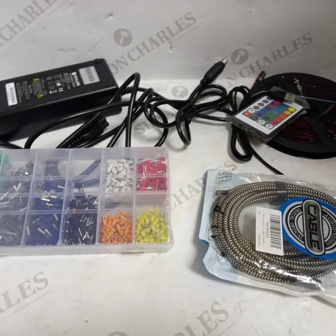 LOT OF APPROXIMATELY 15 ASSORTED ELECTRICAL ITEMS, TO INCLUDE LED STRIP, AV CABLE, ETC