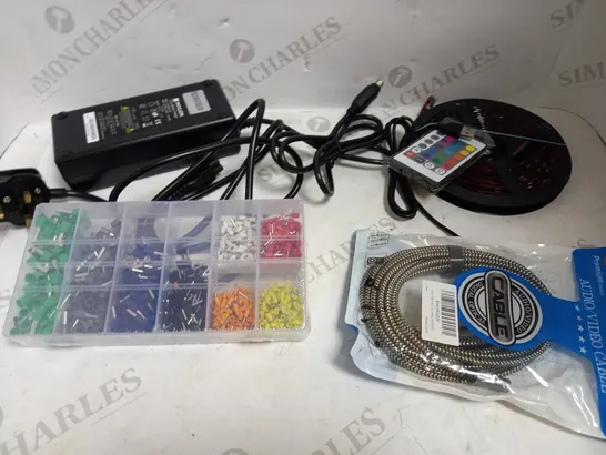 LOT OF APPROXIMATELY 15 ASSORTED ELECTRICAL ITEMS, TO INCLUDE LED STRIP, AV CABLE, ETC