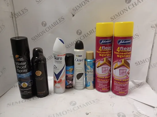 APPROXIMATELY 15 ASSORTED AEROSOLS TO INCLUDE DOVE ANTI-PERSPIRANT, 4LEASE HOUSEHOLD SPRAY, WATER PROOF SPRAY, ETC - COLLECTION ONLY 