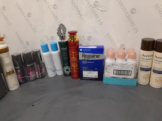 APPROXIMATELY 12 ASSORTED AEROSOLS TO INCLUDE COOLING MIST, SHAVE GEL, AND AIR FRESHENER ETC. 