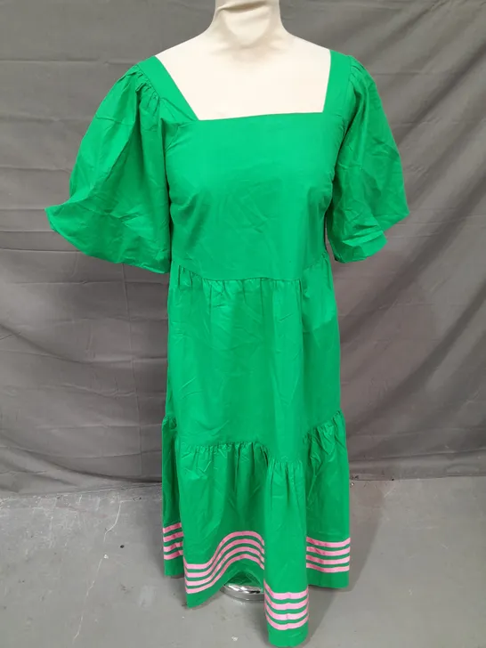 SUGARHILL BRIGHTON FRANKIE MIDI SMOCK DRESS IN GREEN PINK STRIPES SIZE 8