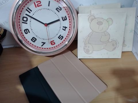 MEDIUM LOT OF ASSORTED HOUSEHOLD ITEMS TO INCLUDE: PINK WALL CLOCK, SET OF 3 CARTOON CANVASES, IPAD COVERS ETC 