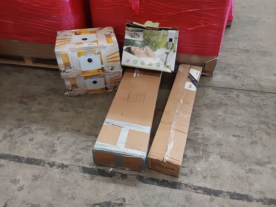 PALLET OF ASSORTED ITEMS INCLUDING: STORAGE CABINET, RADIATOR COVER, FLO700 TOILET PUMPS, ELECTRIC BLANKET