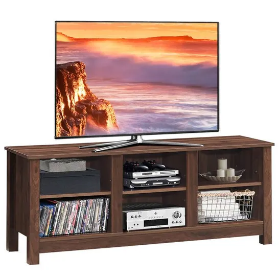 BOXED COSTWAY TV STAND FOR TVS UP TO 50", WOODEN TV CABINET MEDIA ENTERTAINMENT CENTER WITH ADJUSTABLE SHELVES & CABLE MANAGE HOLES - BROWN