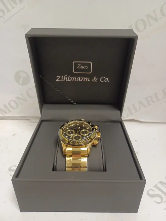 MENS ZIHLMANN & Co Z400 WATCH – CHRONOGRAPH MOVEMENT – GOLD COLOUR STAINLESS STEEL STRAP – GREEN DIAL – 3ATM WATER RESISTANT