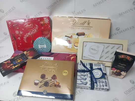 TWELVE ASSORTED CHOCOLATE PRODUCTS TO INCLUDE; LINDT, FORTNUMAND MASON, BAILEYS, GREEN AND BLACKS, MARTIN'S AND LILY O'BRIEN